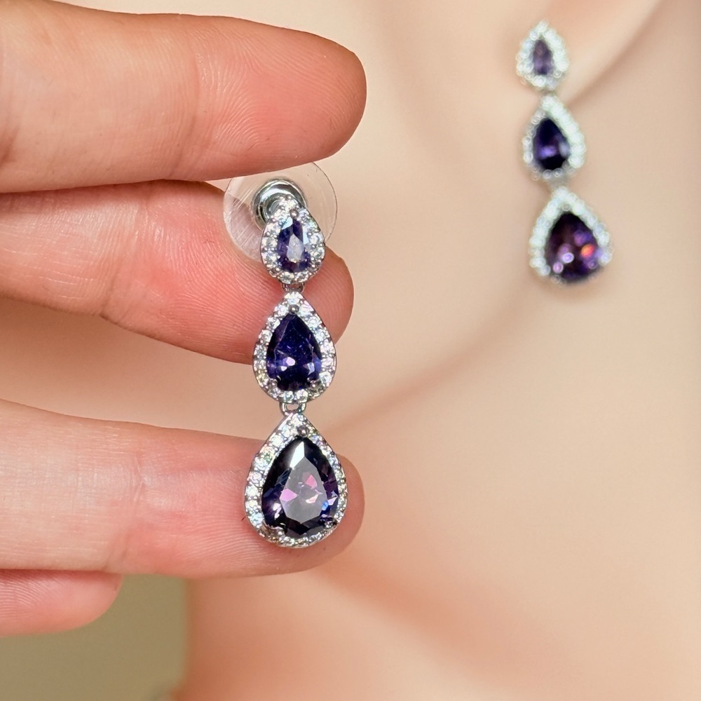 Classic Purple Drop Earrings With Cubic Zirconia - Picture 6 of 11
